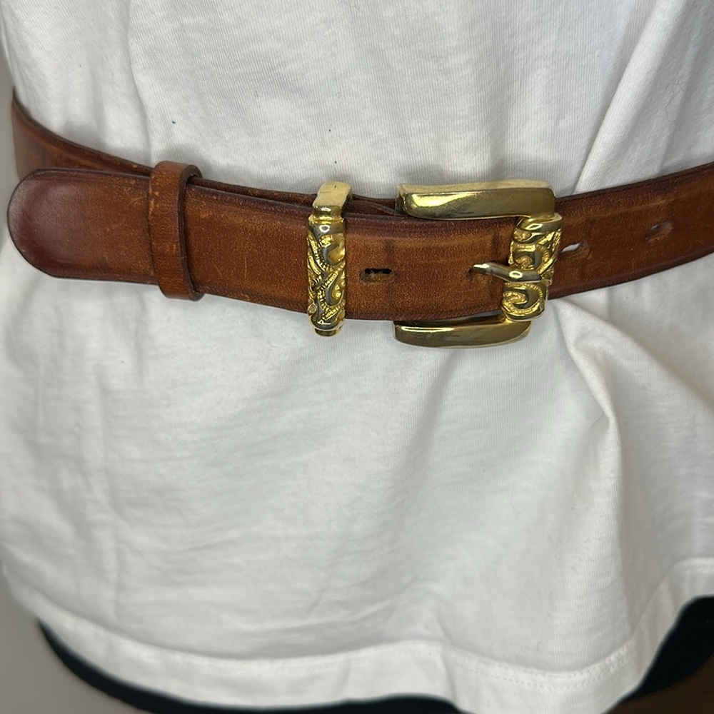 Vintage Brown Italian Leather Belt 28/70 Gold Buckle Size Small LANZ PARIS